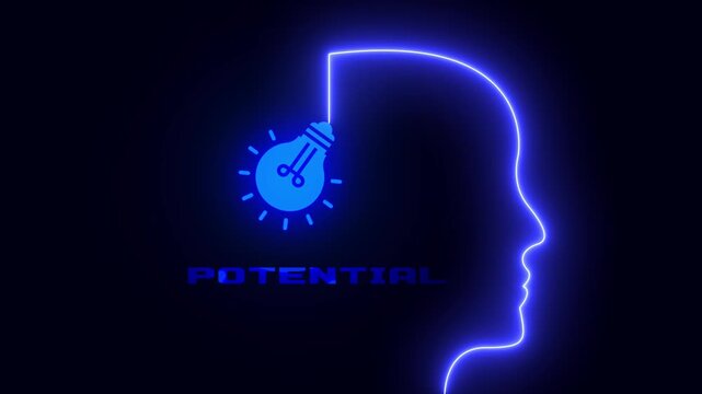 Potential concept animated video featuring glowing neon human head profile with light bulb and typography text for hidden capability and future growth