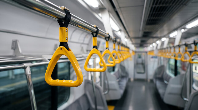 Yellow handrails hanging from metal bar inside modern subway train car with empty seats and blurred background for public transportation transit concept in urban city area.