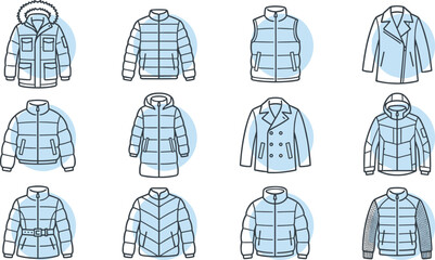 Winter Jacket Icon Set Featuring Puffer Coats, Parkas, Down Vests, and Outerwear Garments for E-commerce Clothing Stores, Fashion App Design, and Apparels Branding © Sultana