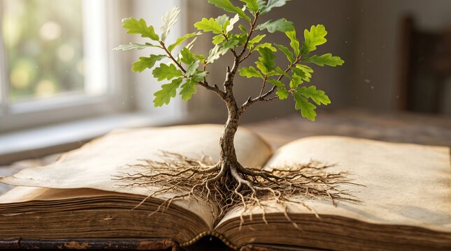 Open Antique Leather Book Miniature Oak Tree Sapling Growing Center Spine Roots Macro Knowledge Nature