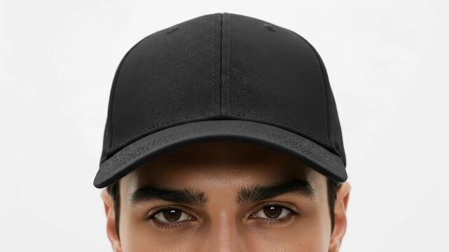 Close up shot of a man wearing a plain black baseball cap on his head