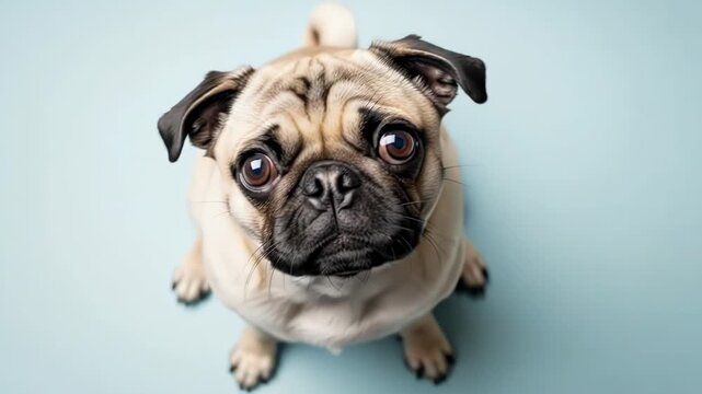A close up portrait of an adorable pug looking up against a blue background