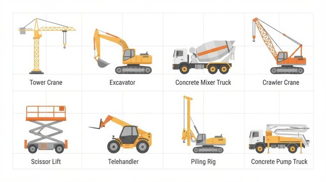 Workers build and install cranes using different types of heavy equipment on a construction site in an industrial area.