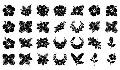 Fototapeta premium Black Tropical Hibiscus Flower Silhouette Vector Collection for Tattoo Stencil Vinyl Cut File
