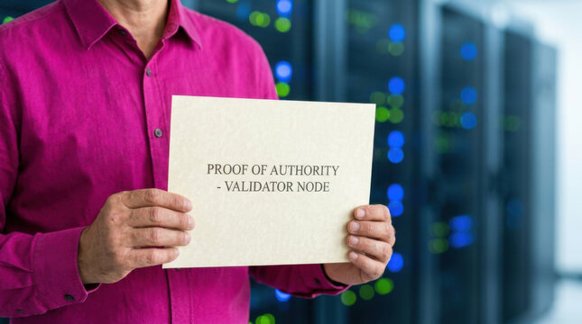 Proof of authority concept close up validator node server room data center document certificate sign control security