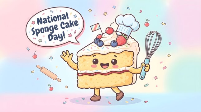 Cute Sponge Cake Character with Chef Hat in Playful Vector Style for National Sponge Cake Day