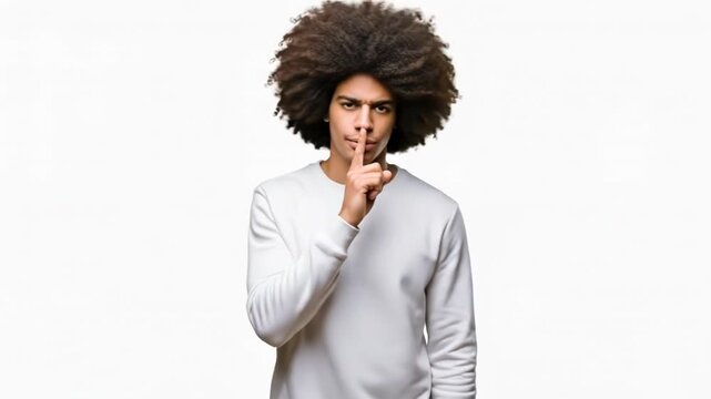 Young man with an afro hairstyle making a quiet shush gesture with his hand