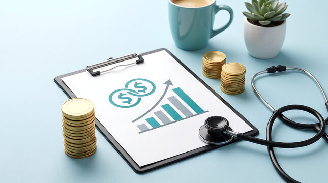 Medical cost analysis clipboard with stethoscope and growth chart showing rising healthcare expenses and financial investment in modern clinic setting with teal background.