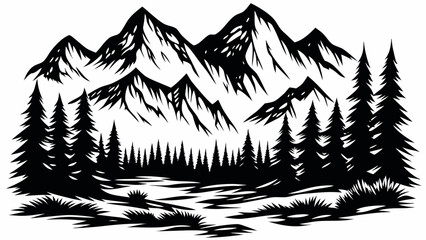 Mountain forest silhouette a bold black and white graphic depiction of coniferous trees and peaks alpine aspen © PRODIP