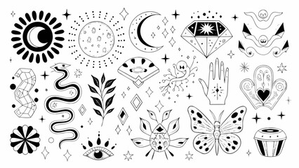 Mystical Line Art Collection Featuring Celestial Bodies Botanical Elements And Symbolic Creatures On White astrology constellation crescent © PRODIP