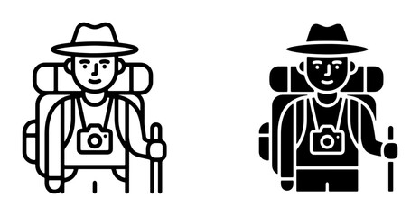 Obraz premium Traveler Icon Set, Hiker Silhouette, Adventure Graphic, Outdoor Exploration Vector, Tourist Symbol, Camping Gear, Photography Equipment, Journey Illustration