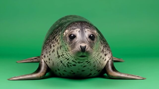 A close portrait of a cute spotted harbor seal on a vibrant green background