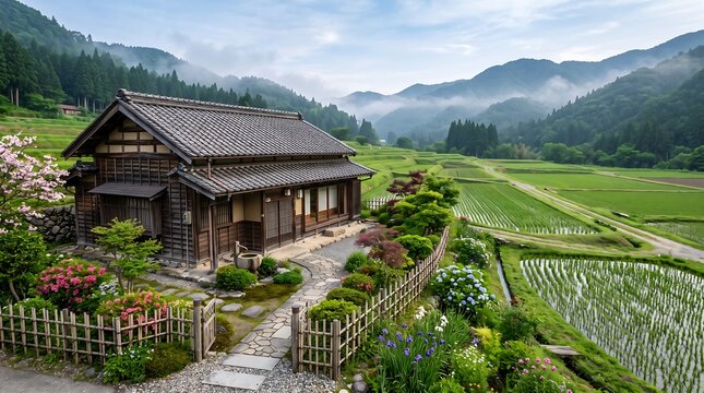 Traditional Japanese Farmhouse and Rice Terraces