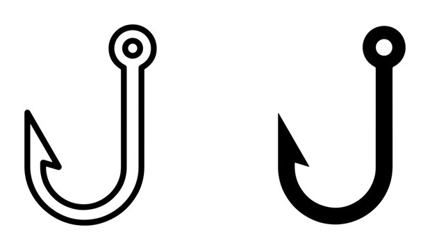 Fishing Hook Icons, Simple Vector Illustrations of Fishing Gear, Outline and Solid Black Shapes for Angling and Outdoor Recreation