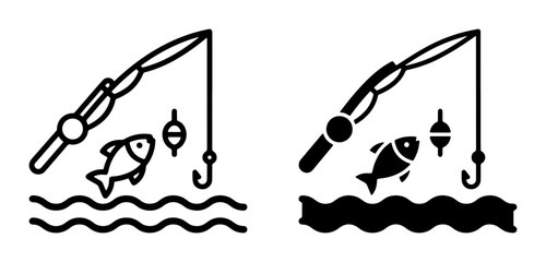Fishing Icons: Rod, Reel, Fish, Hook, Bobber, Water Waves, Vector Set for Outdoor Recreation and Sport © Soniya