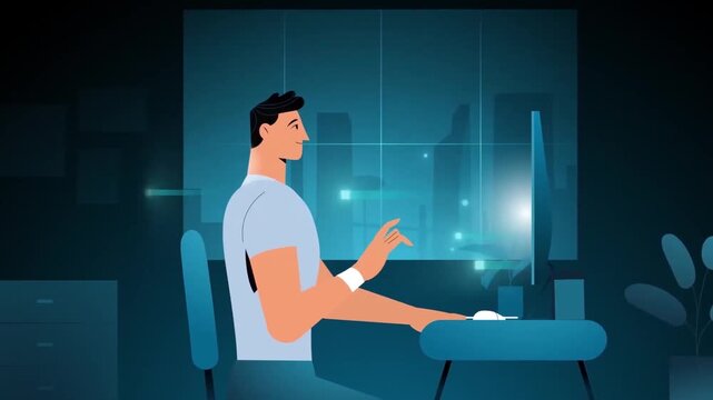 2D Animated Gamer Sitting at Desk in Dark Neon Room Working on Computer Monitor Flat Vector Character Animation Footage