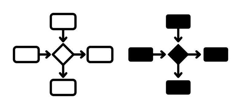 Flowchart Elements, Process Diagram Shapes, Decision Tree Icons, Workflow Steps, Data Flow Symbols, Business Logic Icons, Simple Vector Graphics