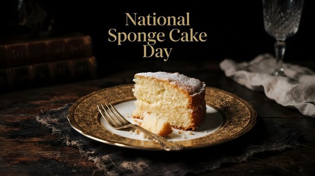 Elegant Sponge Cake Slice on Black Background with Antique Fork for National Sponge Cake Day