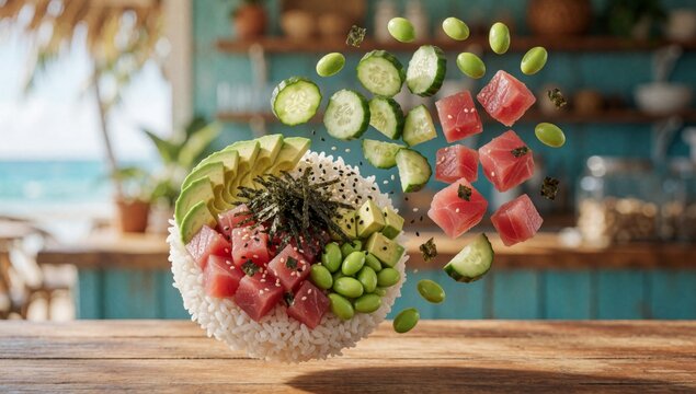 Bowl sushi wooden table made white rice filled variety ingredients top there slices avocado sliced cucumber tu
