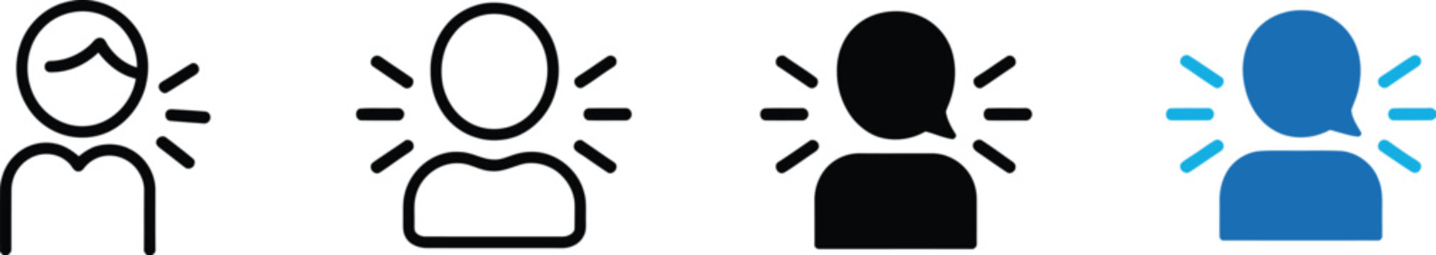 Person Speaking Icon featuring user voice, speech, communication, announcement, public speaking, personal expression, and reminder symbols in editable vector illustration styles.