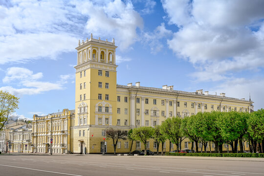Soviet residential building with a tower on Lenin Square in Smolensk, Smolensk region of Russia