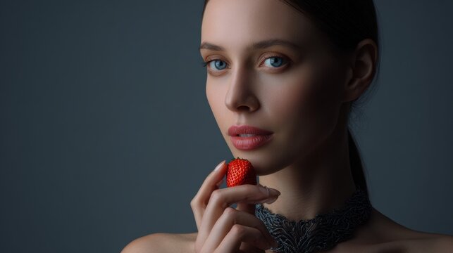 Elegant Woman Holding Strawberry in Minimal Portrait