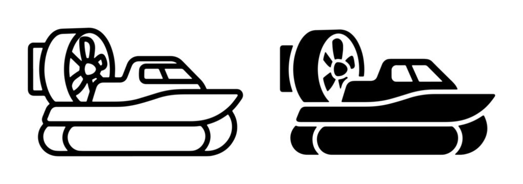 Hovercraft Icons, Air Cushion Vehicle Vector Graphics, Amphibious Transport Symbols, Outline and Solid Fill Designs for Marine and Land Travel