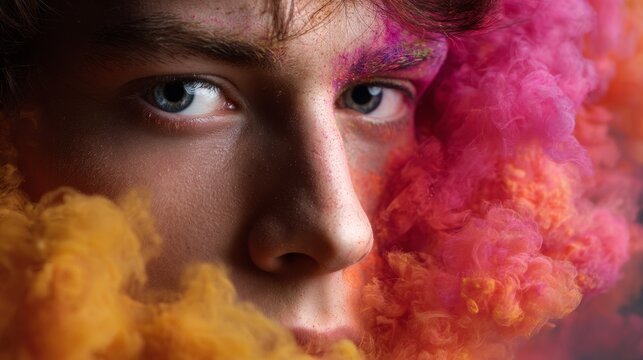 Male Portrait Emerging Through Vibrant Colored Smoke