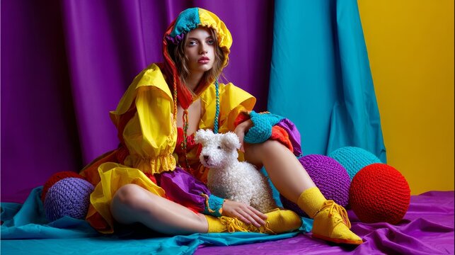 Colorful Fashion Portrait with Plush Toy and Draped Fabrics
