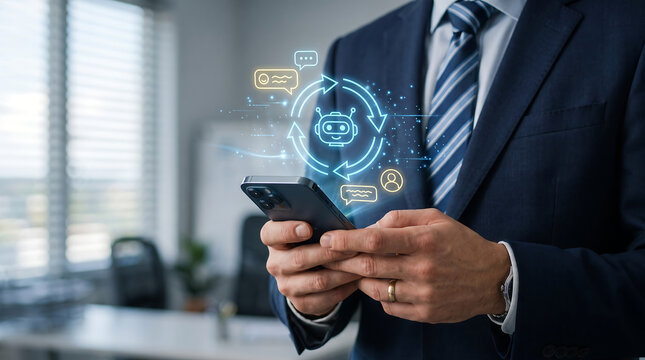 Businessman holding smartphone with digital artificial intelligence chatbot interface in modern office setting artificial intelligence smartphone business technology