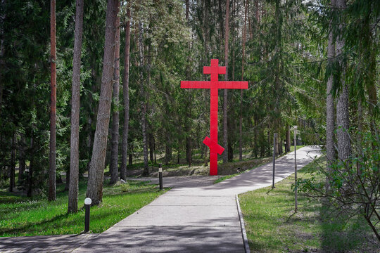 Red Orthodox Cross in the Katyn Memorial Park, Smolensk region of Russia