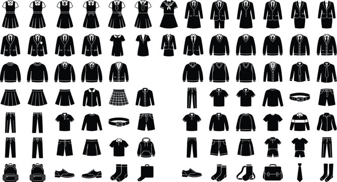 School uniform icon set with students apparel blazer dress trousers skirt shirts shoes and formal clothes silhouettes vector illustration collection