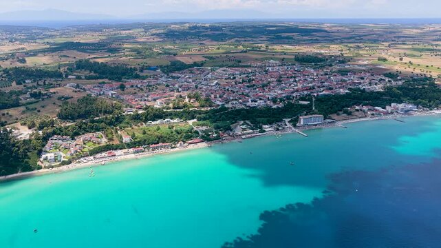 Aerial view of Kallithea coastal town and turquoise sea
