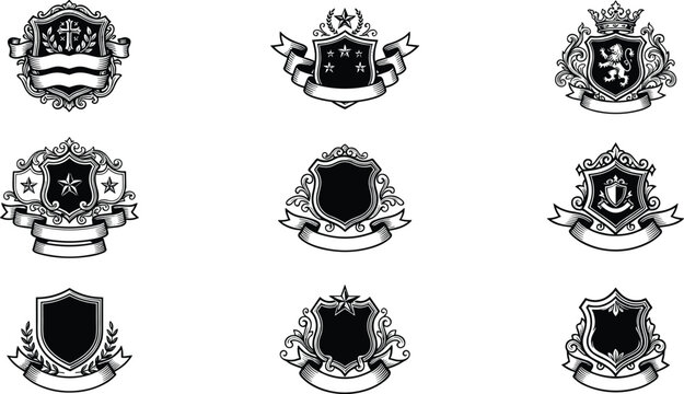 Vintage heraldic crest collection with ornate shields ribbons crowns and stars in classic black line art vector engraving illustration style