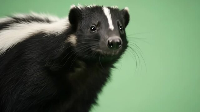 A close up portrait of a striped skunk against a solid green background