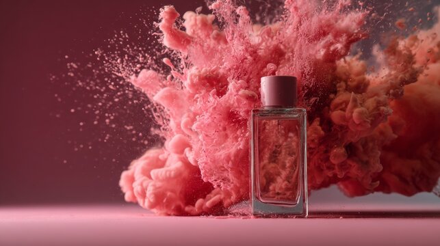 Perfume Bottle Surrounded by Exploding Pink Powder Cloud