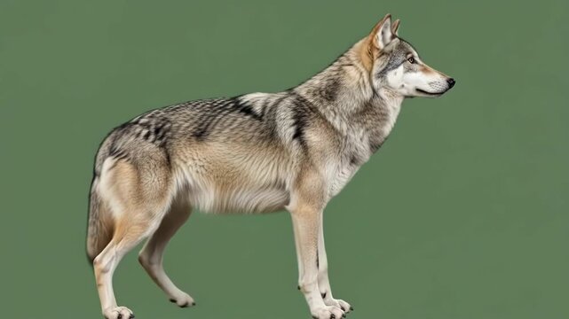 A majestic grey wolf standing gracefully against a solid green background