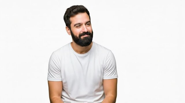 A cheerful bearded man in a white t-shirt laughing against a white background