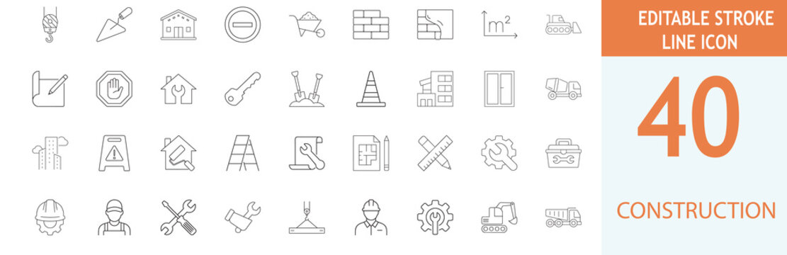 Set of 40 construction and building line icons, editable stroke, vector illustration for architecture, engineering, and renovation projects