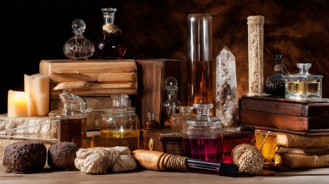 Vintage Apothecary Display with Crystals and Glassware