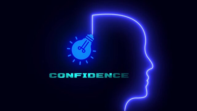 Confidence concept animated video featuring glowing neon human head profile with light bulb and typography text for self assurance and inner strength