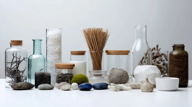 Minimal Coastal Inspired Still Life with Glass and Stones