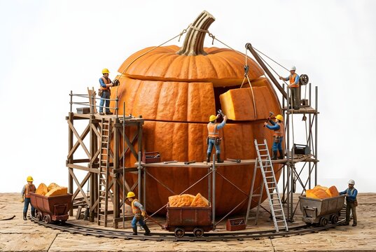 Miniature workers construct giant pumpkin with construction equipment and carts