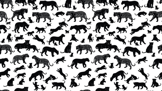 Wild tiger black silhouette seamless pattern texture with adult panthers leopards and small cubs background vector illustration