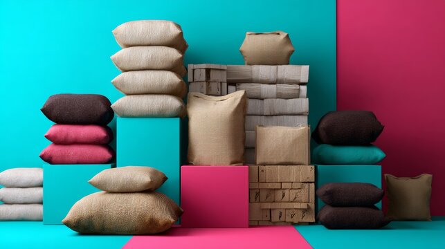Stacked Fabric Sacks and Cushions in Colorful Studio