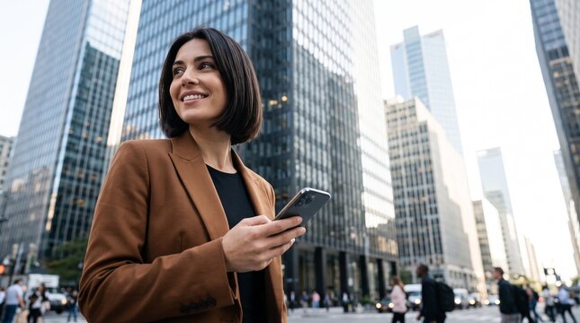 Successful young business woman with short dark hair using smartphone on modern city street with skyscrapers background, confident female entrepreneur working remotely outdoors online