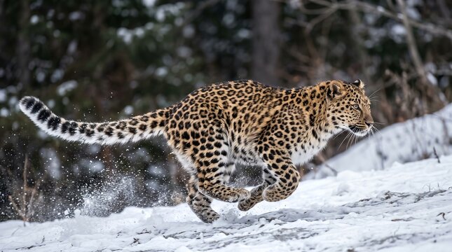 Running Amur leopard captured in dynamic motion with realistic stride, flowing winter fur