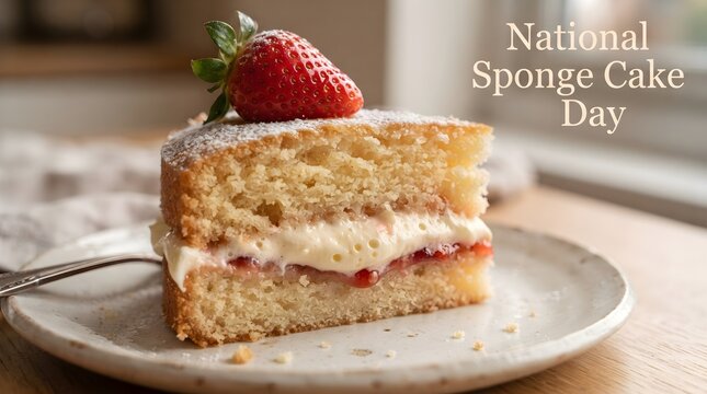 Sponge Cake Slice with Single Fresh Strawberry Topping for National Sponge Cake Day
