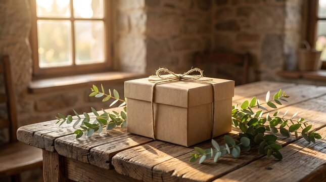 A rustic wooden table displays a beautifully wrapped kraft paper gift box adorned with eucalyptus sprigs, bathed in warm, natural light