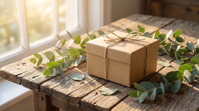 A simple brown gift box tied with twine sits on a rustic wooden table adorned with green eucalyptus leaves, bathed in soft sunlight